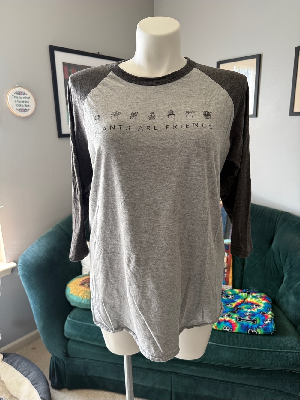 Tultex Gray & Charcoal Raglan Long Sleeve Tee - 'Plants Are Friends'